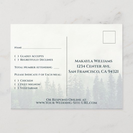 Misty Mountains groen dennenbos bruiloft RSVP Briefkaart (Achterkant)