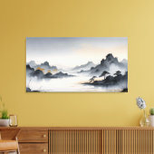 Misty Mountains – Rustig Oost-Aziatisch inktlandsc Canvas Afdruk (Insitu (Woonkamer))