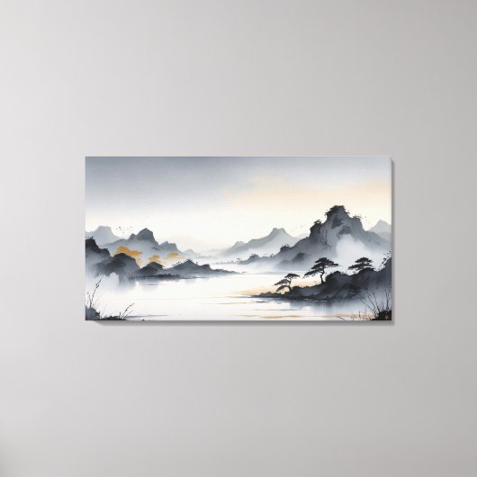 Misty Mountains – Rustig Oost-Aziatisch inktlandsc Canvas Afdruk (Voorkant)