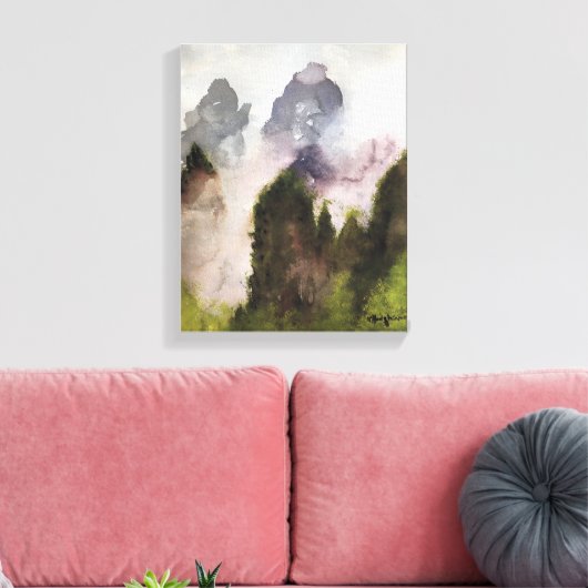 MISTY MOUNTAINS, WATERVERF CANVAS AFDRUK (Insitu (Woonkamer))