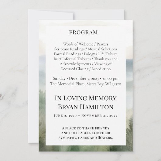 Misty Natuur Waterverf Begrafenisprogramma Kaart (Achterkant)