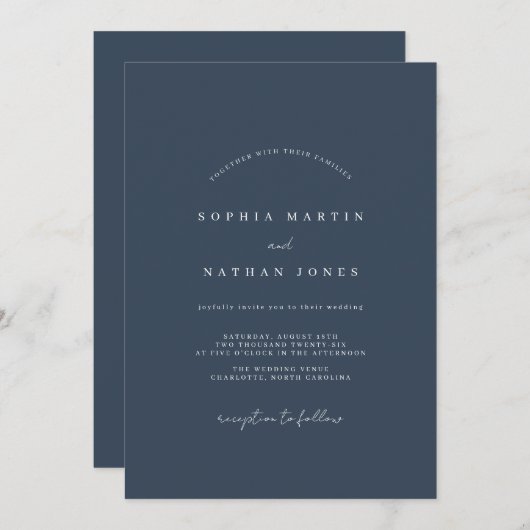 Misty Navy Minimalistische Huwelijksuitnodiging Kaart (Voorkant / Achterkant)