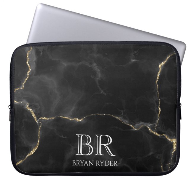 Misty Night Gold Glitter Marmer  Laptop Sleeve (Voorkant)