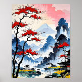 Misty Peaks - Japanse inkt Waterverf Art Poster (Voorkant)