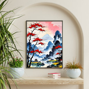 Misty Peaks - Japanse inkt Waterverf Art Poster