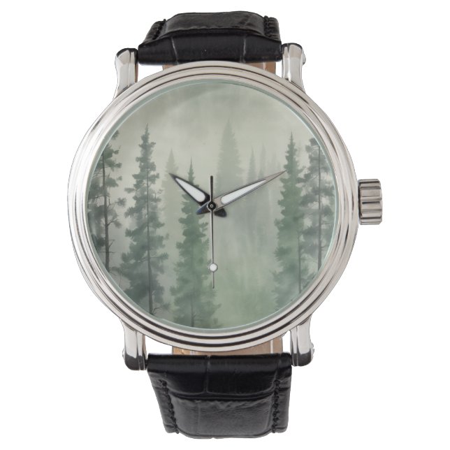 Misty Pine Forest Serenity Horloge (Voorkant)
