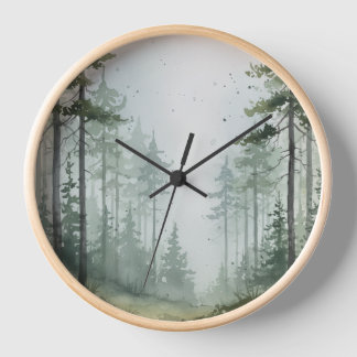 Misty Pine Forest Wall Clock – Groen & Grijs Desig