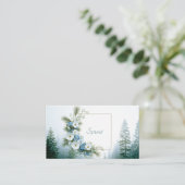Misty Pine Forest White and Blue Floral Frame Visitekaartje (Staand voorkant)