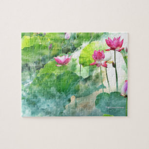 Misty Pink Lotus Summer Green Jigzaag Puzzle Legpuzzel