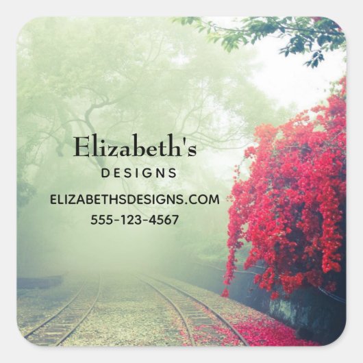 Misty Railroad Tracks Schilderachtig Foto Business Vierkante Sticker (Voorkant)