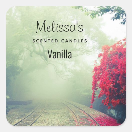 Misty Railroad Tracks Schilderachtig Foto Candle B Vierkante Sticker (Voorkant)