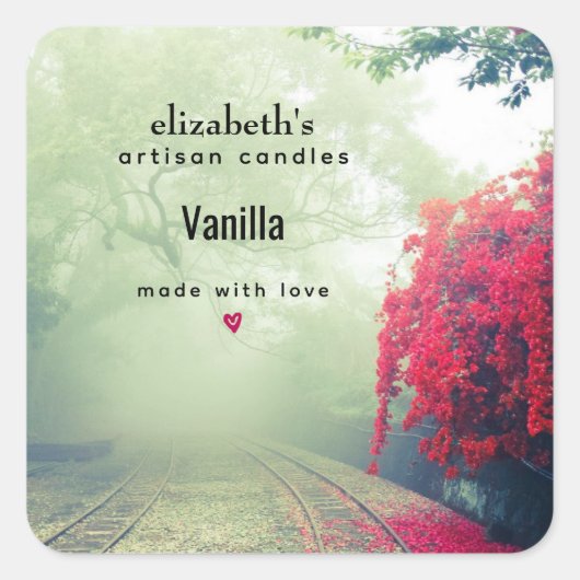 Misty Railroad Tracks Schilderachtig Foto Candle B Vierkante Sticker (Voorkant)