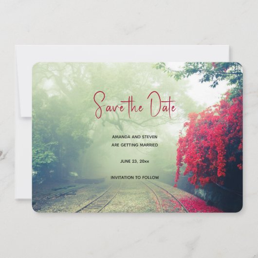 Misty Railroad Tracks Schilderachtig Foto Wedding Save The Date (Voorkant)