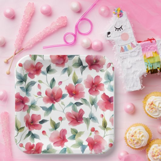 Misty Red Floral Pattern Papieren Bordje (Feest)