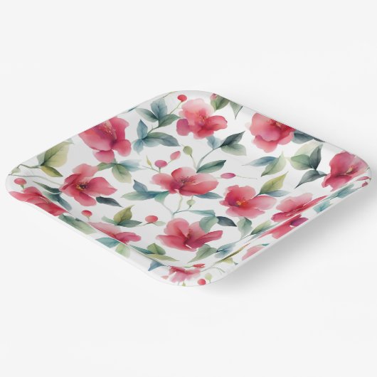 Misty Red Floral Pattern Papieren Bordje (Gebogen)