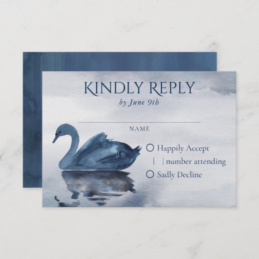 Misty Reflections | Dusty Blue Swan Lake Wedding RSVP Kaartje (Voorkant / Achterkant)
