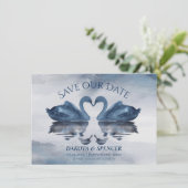 Misty Reflections | Dusty Blue Swan Lake Wedding Save The Date (Staand voorkant)