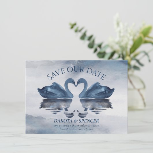 Misty Reflections | Dusty Blue Swan Lake Wedding Save The Date (Staand voorkant)