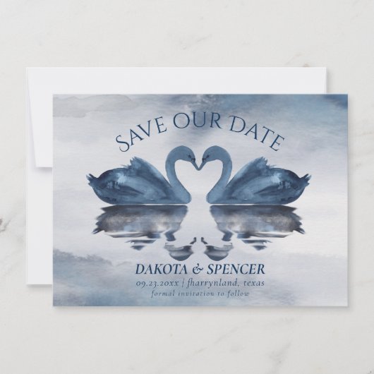 Misty Reflections | Dusty Blue Swan Lake Wedding Save The Date (Voorkant)