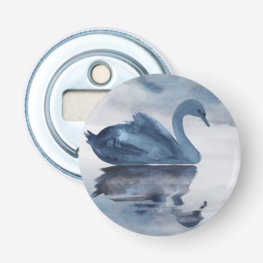 Misty Reflections | Dusty Blue Swan Wedding Favor Button Flesopener (Voorkant)