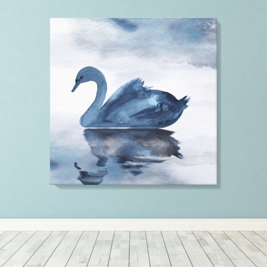 Misty Reflections | Moody Dusty Blue Swan op Lake Canvas Afdruk (Insitu (Houten vloer))