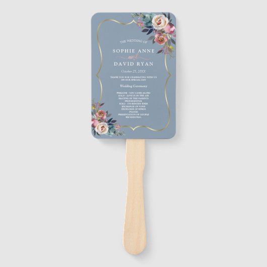Misty Roos Dusty Blue Floral Gold Wedding Program Handwaaier (Voorkant)