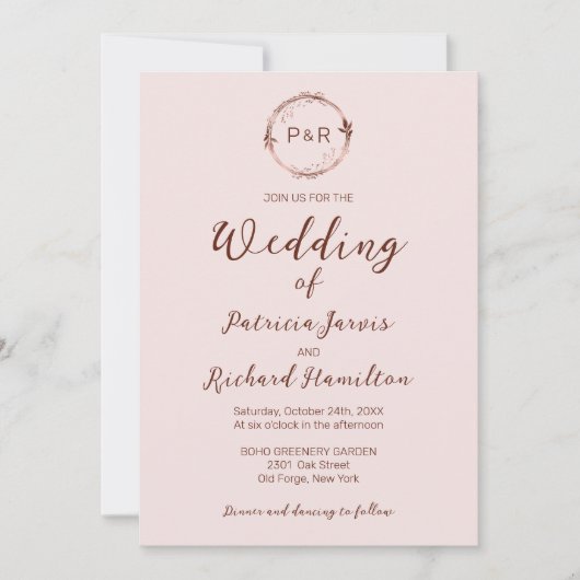 Misty Roos Monogram Elegant Wedding Uitnodiging (Voorkant)
