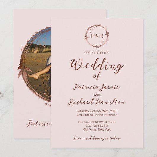 Misty Roos Monogram Elegant Wedding Uitnodiging (Voorkant / Achterkant)