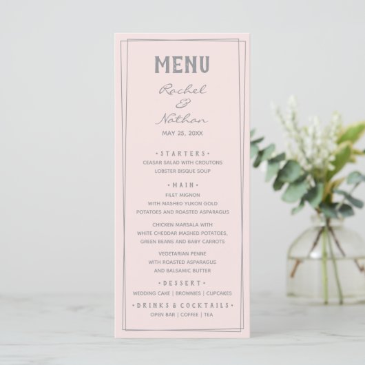 Misty Roos Pink Blush Weddenrennen Menu (Staand voorkant)
