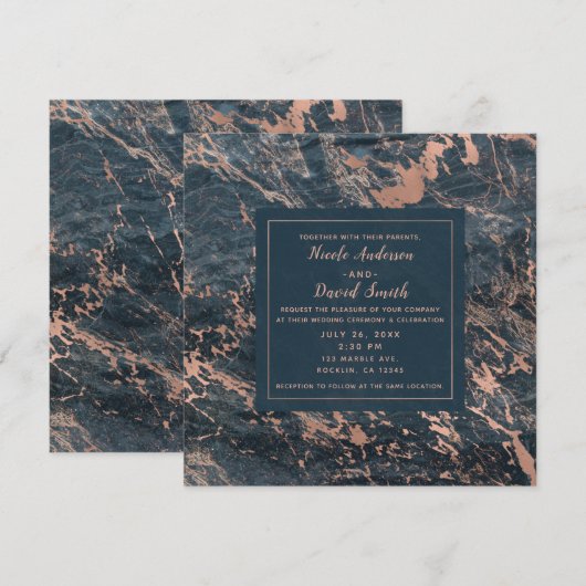 Misty Rustic Blue en Roos Gold Pink Glam Marble Kaart (Voorkant / Achterkant)