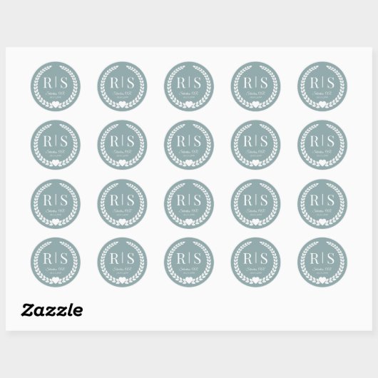 Misty Sage Blue Wedding Monogram Initials Ronde Sticker (Vel)