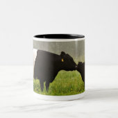 Misty scène van een buikgeit-koe die haar moedert tweekleurige koffiemok (Center)