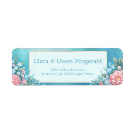 Misty Teal Pink Peony Gold Frame Wedding Etiket