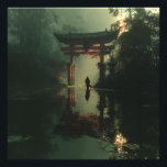 Misty Torii Gate Dawn Solitude Figure Foto Afdruk<br><div class="desc">A solitary traveler stands before a majestic red torii gate rising from a misty, lily-pad-filled pond at dawn. Thick fog envelops dense bamboo and ancient trees, while golden sunrise rays pierce through, casting luminous beams and soft reflections across the calm water. The iconic gate glows with quiet power, symbolizing transition,...</div>