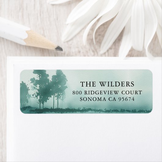 Misty Waterverf Green Trees Retouradres Etiket (Insitu)