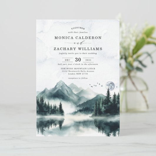 Misty Waterverf Mountain Pine Forest Wedding Kaart (Staand voorkant)