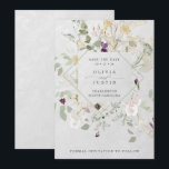 Misty Wildbloemen | Fijne geometrische grijze rug Save The Date<br><div class="desc">Deze verbluffende bruiloft biedt een spreidde boeket van prachtige,  delicate wilde bloemen in licht,  groen,  taupe en paars,  met overeenkomende geometrische accenten en kalligrafie op een zachte,  grijze,  getextureerde achtergrond. Een elegant en humeurig ontwerp.</div>