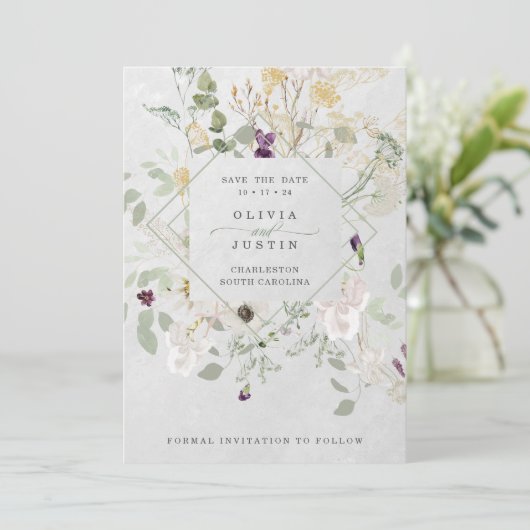 Misty Wildbloemen | Fijne grijze geometrie Save The Date (Staand voorkant)