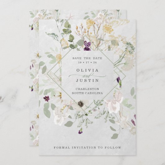 Misty Wildbloemen | Fijne grijze geometrie Save The Date (Voorkant / Achterkant)