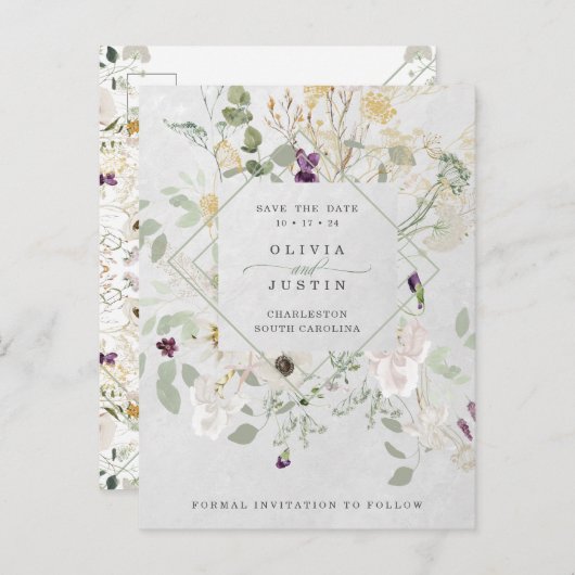 Misty Wildflowers | Grey Geometric Sla de datum op Aankondigingskaart (Voorkant / Achterkant)