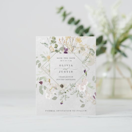 Misty Wildflowers | Grey Geometric Sla de datum op Aankondigingskaart (Staand voorkant)