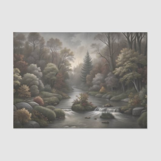 Misty Woodland River Cascade Decoupage Tissuepapier (Voorkant)