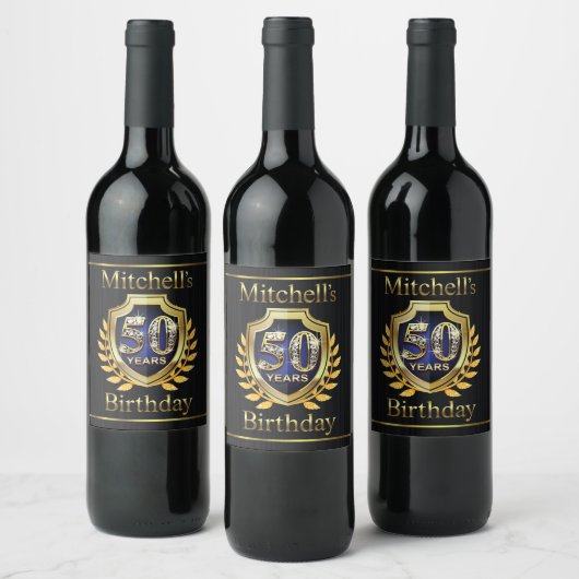 Mitchell 50th Verjaardag Blauw Goud Zwart Wijn Etiket (Flessen)