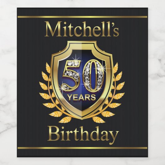 Mitchell 50th Verjaardag Blauw Goud Zwart Wijn Etiket (Enkel label)
