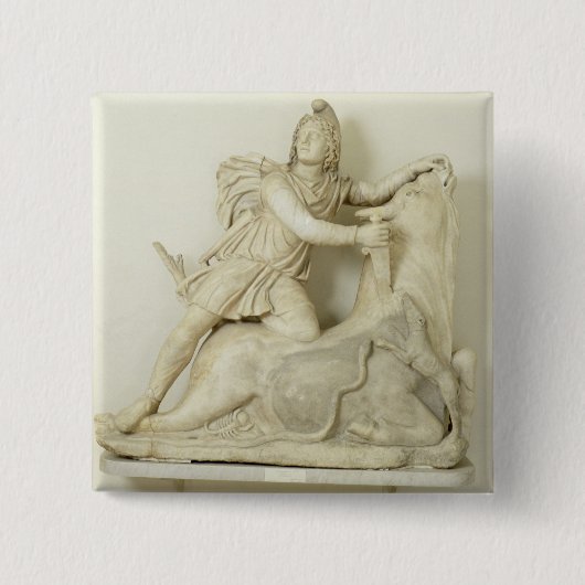 Mithras offert de Bull op, marmer relief, Roman Vierkante Button 5,1 Cm (Voorkant)