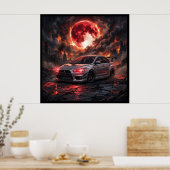 Mitsubishi Lancer Evo 10 Onder een Robijnrode Maan Poster (Keuken)