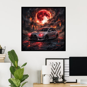 Mitsubishi Lancer Evo 10 Onder een Robijnrode Maan Poster