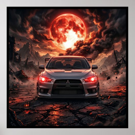 Mitsubishi Lancer Evo 10 Onder een Robijnrode Maan Poster (Voorkant)