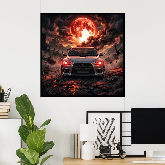 Mitsubishi Lancer Evo 10 Onder een Robijnrode Maan Poster (Thuiskantoor)