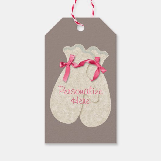 Mitten kant elegante winter lint roze crème schatt cadeaulabel (Voorkant)